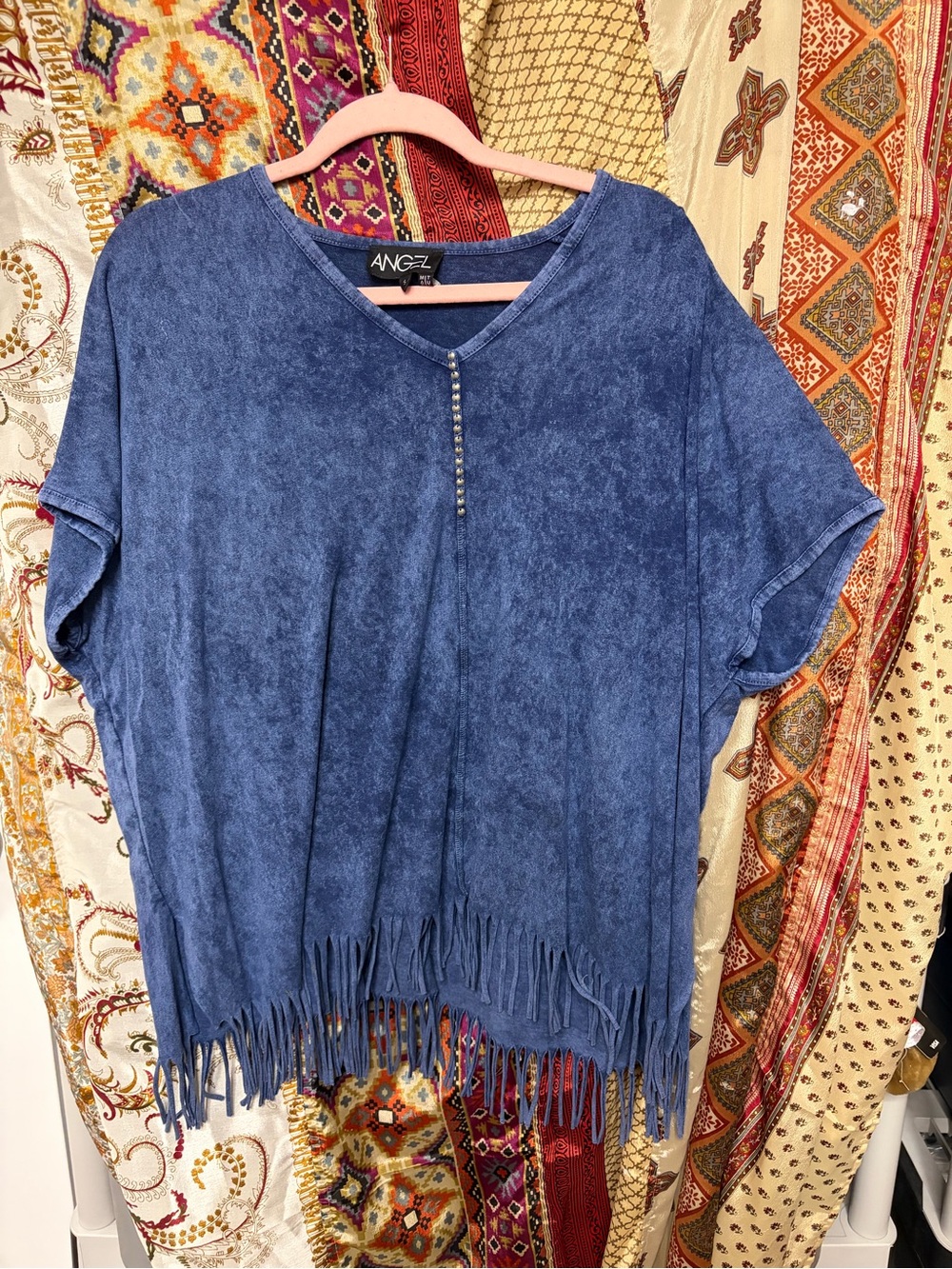Angel top tunic tee boho fringe grommet v neck mineral wash blue soft s-xxl